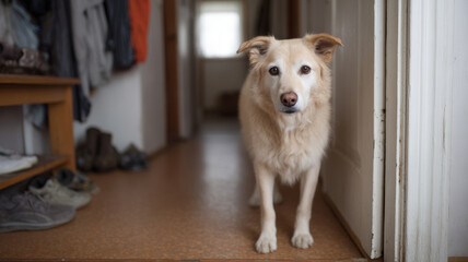 Light brown dog standing in a hallway showing anxiety symptoms waiting for owners, concept of separation anxiety in pets