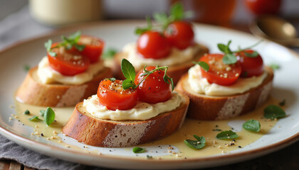 Appetizing bruschetta with cherry tomatoes and herbs on wooden plate  