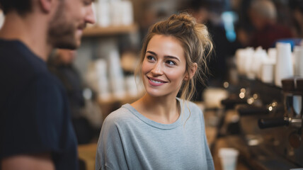 Young woman chatting with barista at coffee shop counter, espresso machine and cups in background
