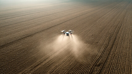 Agricultural drone hovering, spreading seeds across plowed farmland, showcasing precision agriculture technology