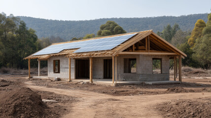 Construction site of a sustainable house featuring solar panels on its roof, promoting eco friendly living in a rural setting