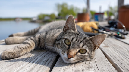Striped tabby relaxing on weathered wooden dock near fishing equipment, basking in bright sunlight with calm maritime backdrop
