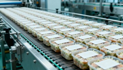 Fototapeta premium Food processing: prepackaged salads move along an automated conveyor belt system in a food production factory