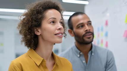Two business colleagues brainstorming and discussing a project in front of whiteboard with sticky notes, during a productive meeting in the office