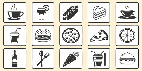 Generate an image that showcases a grid of black and white icons representing various food items and drinks, including cups of tea and coffee, soda, beer, wine glasses, different types of meals like b