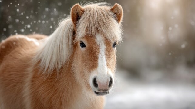 Close up portrait of palomino pony in snowy winter pasture looking at camera during daylight hours with falling snow