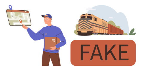 Delivery person with map interacting with package tracking, freight train, fake warning. Ideal for logistics, shipping, transportation, fraud prevention, supply chain, e-commerce simple flat