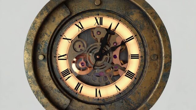 Intricate steampunk clock mechanism ticking moments away, capturing vintage time's elegance and motion