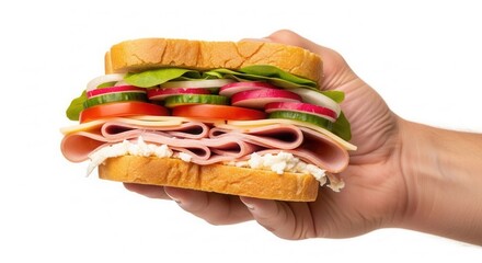 Hand holding a layered sandwich featuring ham cheese and various fresh vegetables on toasted bread set against a white background