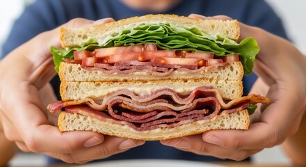 Hands hold a triple-decker sandwich layered with lettuce sliced tomatoes meat and creamy spread on toasted bread