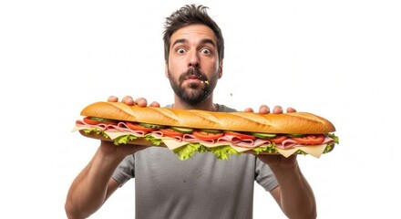 Man with wide eyes holds a very long baguette sandwich crumbs around his mouth on a white background