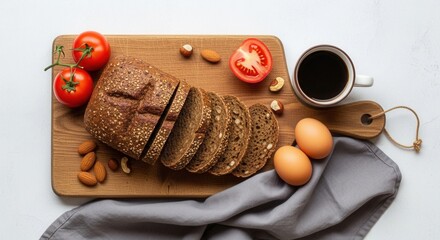 Overhead view of a rustic breakfast spread with sliced seeded bread fresh tomatoes nuts eggs and a cup of coffee on a wooden board and white surface