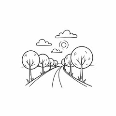 A simple line drawing of a road receding into the distance, flanked by trees, under a sunny, cloudy sky.