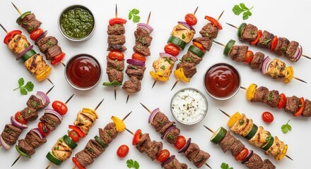 Overhead view of various grilled meat and vegetable skewers accompanied by three small bowls of different sauces scattered on a bright white surface