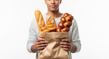 Person holding a brown paper bag filled with baguette croissant and other baked goods against a white background