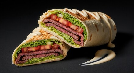 Sliced savory wrap filled with thinly cut meat crisp lettuce red tomatoes and cucumber drizzled with creamy sauce on a dark surface