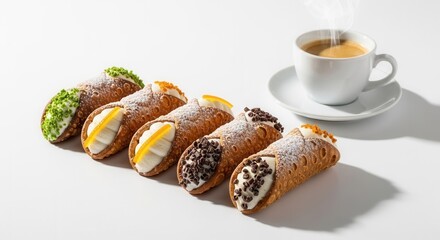 Six assorted cannoli dusted with powdered sugar arranged diagonally beside a steaming white coffee cup and saucer on a bright white surface