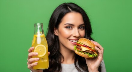 Smiling person holds a burger and a bottle of lemonade against a plain green background