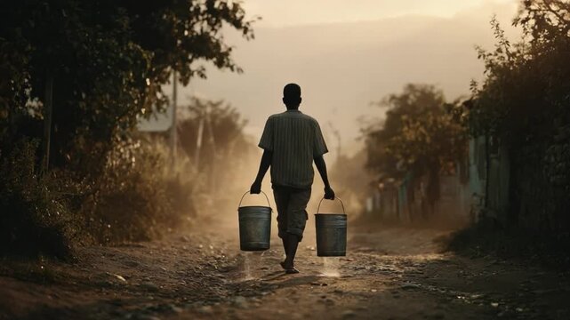 Water Bearer's Journey: A solitary figure embarks on a vital quest, carrying essential water through a rustic pathway, capturing the essence of life's fundamentals in a moment of determined endeavor.