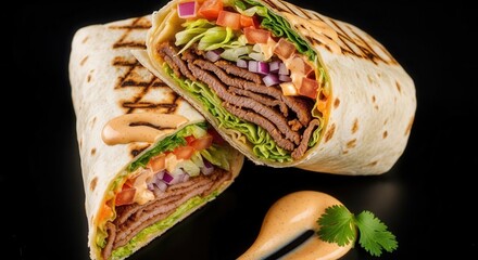 Two grilled wraps cut in half reveal sliced meat fresh lettuce tomatoes and red onions drizzled with creamy sauce on a dark surface