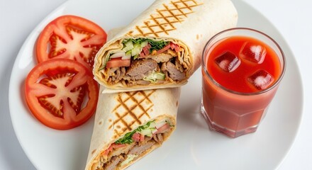 Two grilled wraps filled with meat and fresh vegetables served with sliced tomatoes and a glass of iced red juice on a white plate