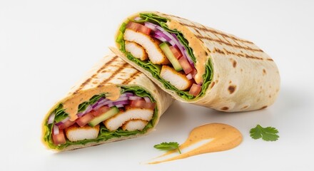 Two grilled wraps filled with breaded chicken fresh lettuce red onion cucumber and tomato served with a creamy sauce on a white background