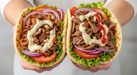 Two hands hold two flatbread wraps each filled with sliced meat lettuce tomato red onion and drizzled with a creamy sauce One wrap also has red sauce