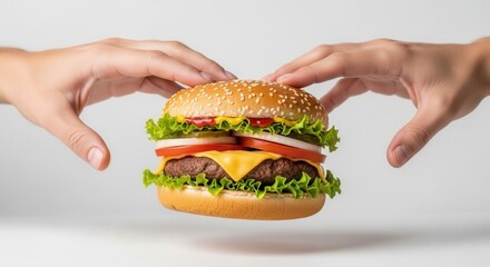Two hands hover above a floating hamburger richly layered with fresh ingredients and condiments against a soft bright background