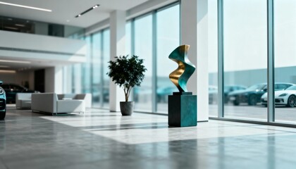 Modern Car Dealership Interior with Abstract Sculpture, Polished Floors, and Natural Light Through Large Windows