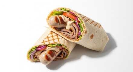 Two savory food wraps filled with grilled sausage sliced meat fresh lettuce red onion tomato and a creamy sauce displayed on a clean white surface