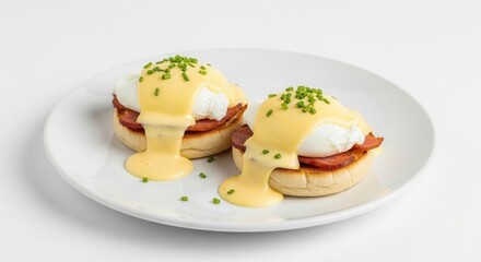 Two servings of eggs Benedict with creamy hollandaise sauce fresh chives and crisp bacon on toasted muffins presented on a white plate against a bright background