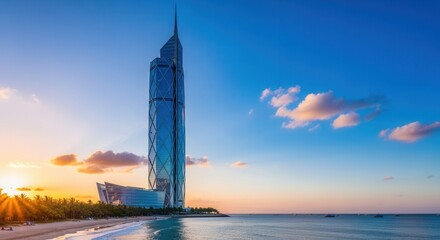 A slender geometric glass skyscraper with a spire rises above a sandy tropical beach and calm ocean at sunset featuring sun-drenched palm trees and distant boats