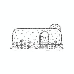 A whimsical line drawing of a neatly trimmed hedge maze with an arched entrance, flowers, and a stone pathway.