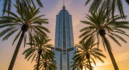 A tall modern high-rise building with a tiered top framed by numerous palm trees against a vibrant sunset sky