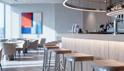 Stylish Restaurant Interior with Modern Bar, Stools, Table Seating and Artwork, Perfect for Upscale Dining Concepts