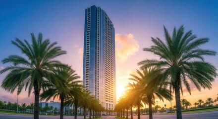 A tall modern skyscraper stands between rows of palm trees under a colorful sunset sky with the suns rays glowing brightly