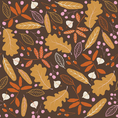 Bright autumn seamless pattern. Leaves, twigs, berries autumn fall. Beautiful autumn. Vector illustration