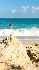 Child's sandcastle on beach with red flag