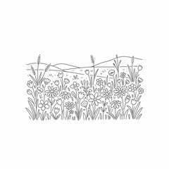 A simple line drawing of a field of wildflowers and grasses against a backdrop of hills.