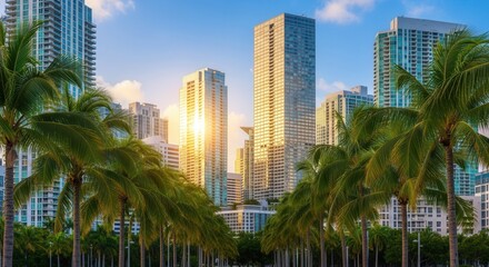A tropical cityscape at sunrise or sunset featuring numerous tall glass buildings reflecting bright sunlight framed by many green palm trees lining an urban promenade under a blue sky