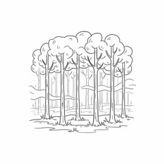 A simple line drawing depicts a cluster of tall trees in a forest, their slender trunks rising from a grassy clearing.
