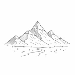 Simple line drawing of majestic snow-capped mountains and a winding river flowing through a grassy valley.