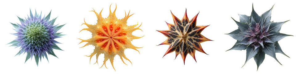 Colorful spiky abstract flowers group decorative art on transparent background