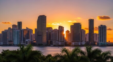 A vibrant cityscape at sunrise over water featuring numerous tall structures a radiant sun and tropical foliage in the foreground