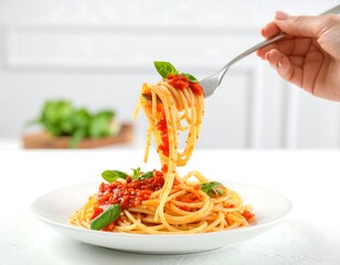 A hand holds a forkful of spaghetti with tomato sauce