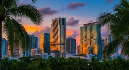 A vibrant sunset over a modern city skyline with numerous high-rise buildings reflecting the golden light framed by lush green palm trees
