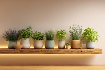 An indoor herb garden on a wooden shelf, pastel background wall with cozy lighting, modern kitchen interior vibe 