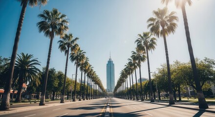 A wide avenue lined symmetrically with tall palm trees leading to a prominent skyscraper under a clear bright sky