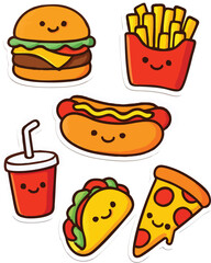 Cute cartoon fast food characters with smiling faces, playful vector illustration for kids, menus, and fun culinary themes