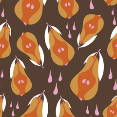 Of halves of pears. Seamless pattern on a red background. Fresh fruits. Flat design. Hand-drawnd.
